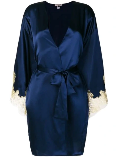 Gilda & Pearl Gina Lace-cuff Satin Dressing Gown In Blue