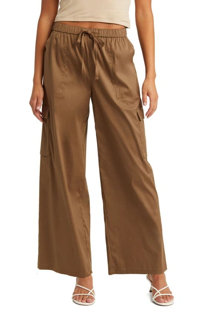 Open Edit Cotton Blend Drawstring Cargo Pants In Brown Teak