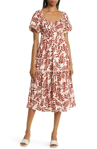 Lost + Wander Hydra Springs Leaf Print Midi Dress In Natural/ Rust