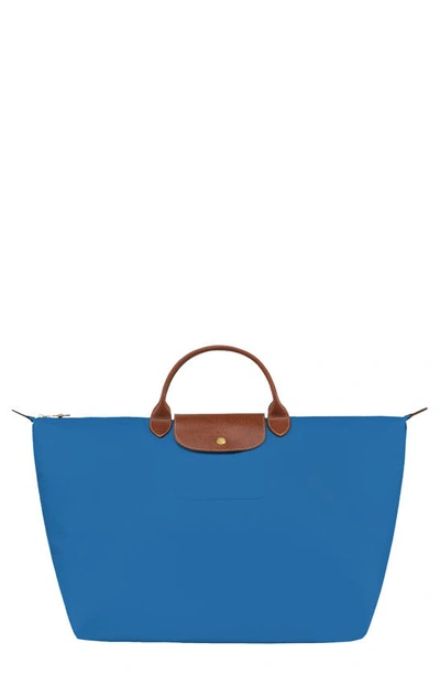 Longchamp Large Le Pliage Green Recycled Canvas Travel Bag In Cobalt