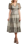 Tadashi Shoji Embroidered Lace Tiered Midi Dress In Duchess Grey