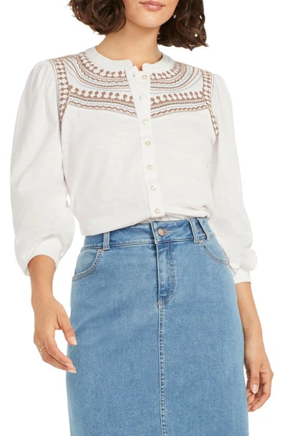 Nic + Zoe Embroidered Cotton Button-up Blouse In White Multi