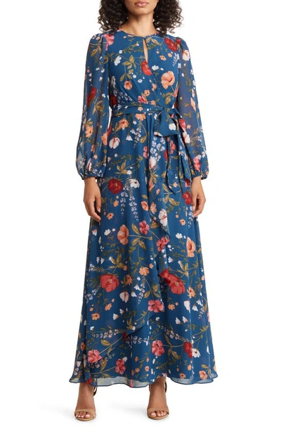 Eliza J Floral Long Sleeve Maxi Dress In Teal