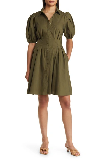 Eliza J Puff Sleeve Cotton Shirtdress In Olive
