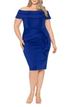 Xscape Off The Shoulder Side Ruched Cocktail Midi Dress In Marine