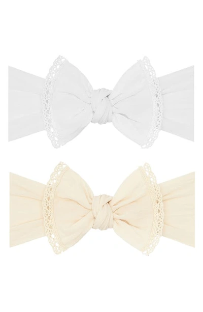 Baby Bling Babies' 2-pack Pom Trimmed Bow Headbands In White Lace Oatmeal Lace