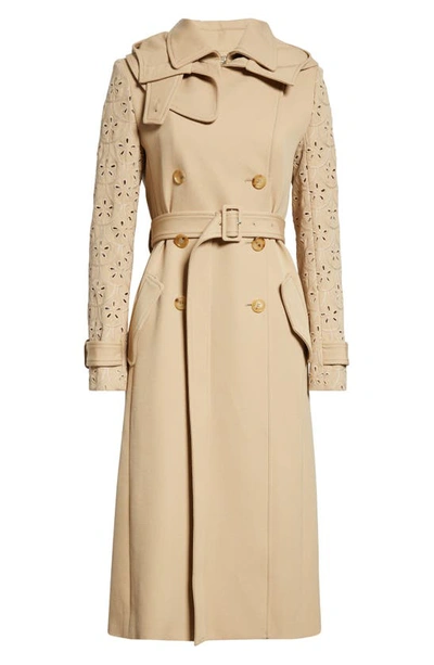 Chloé Broderie Anglaise Virgin Wool Trench Coat In 278-pearl Beige