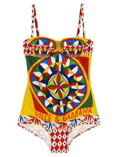 Dolce & Gabbana Carretto-print Balconette One-piece Swimsuit In Multicolour