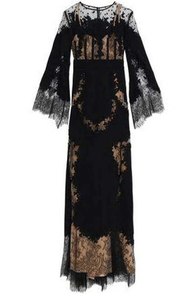 Zuhair Murad Appliquéd Lace-paneled Silk-blend Cady Gown In Black