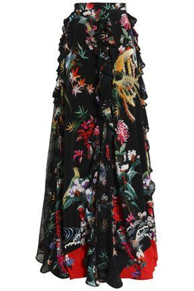 Zuhair Murad Woman Ruffle-trimmed Floral-print Silk Crepe De Chine Maxi Skirt Black