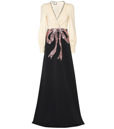 Gucci Long-sleeve Evening Gown W/ Bow Embroidery In Black/ Almond Flower