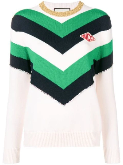 Gucci Chevron Intarsia Cotton Jumper Top With Logo Patch In Cream