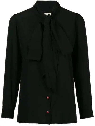 Gucci Long-sleeve Neck-bow Silk Crepe De Chine Blouse W/ Ladybug Buttons In Black