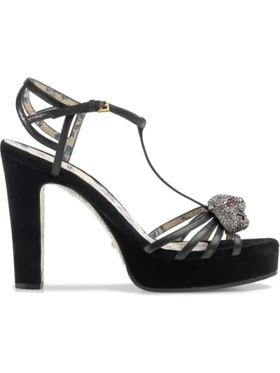 Gucci Leather T-strap Sandal With Crystal Feline Head In Blue