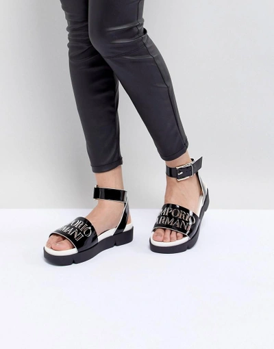 Emporio Armani Logo Leather Sandal With Wrap Angle Buckle - Black
