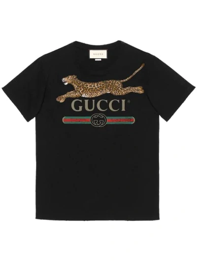 Gucci Leopard & Logo Cotton Jersey T-shirt In Black