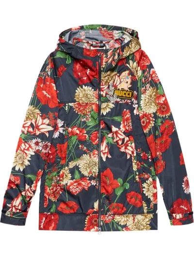 Gucci Zip-front Hooded Spring Floral-bouquet Print Nylon Jacket W/ Logo Patch In Multicolor