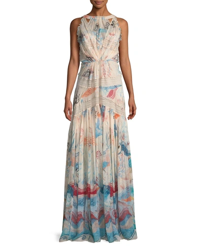 Zuhair Murad High-neck Sleeveless Fresco-print Silk Long Dress In Medium Beige