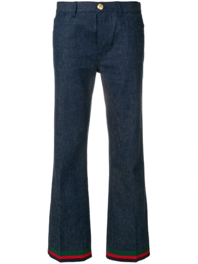 Gucci Rinsed Denim Straight-leg Jeans With Ribbon Hem & Bunny Patch In 4395 Dark Blue/multi