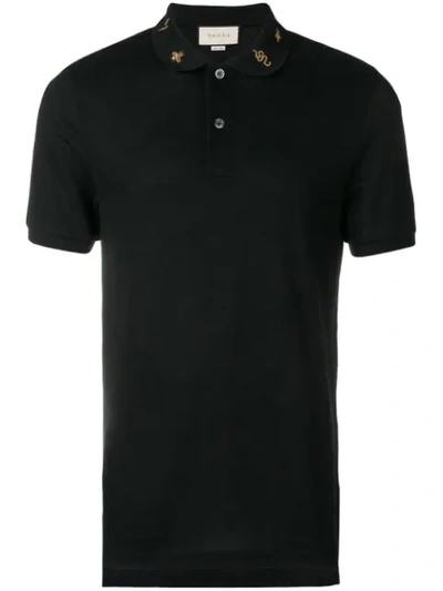 Gucci Men's Emblems Embroidered-collar Polo Shirt In Black