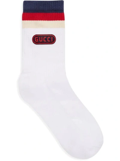 Gucci Men's Game-patch Cotton-blend Socks With Web Cuff, White