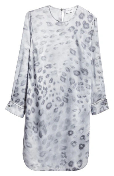 St John Blur Leopard-print Long-sleeve Satin Crepe Dress In Light Gray Multi