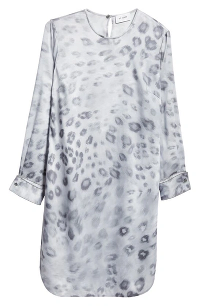 St John Blur Leopard-print Long-sleeve Satin Crepe Dress In Light Grey Multi