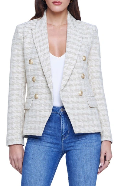 L'agence Kenzie Gingham Double-breasted Blazer In Ecru/gold