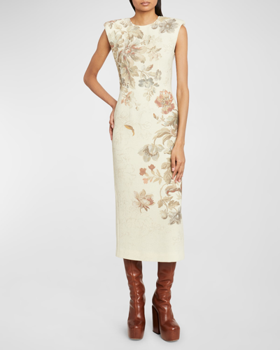 Dries Van Noten Dalilan Floral-print Strong-shoulder Sleeveless Midi Dress In Ecru