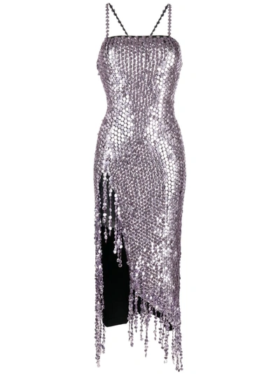 Attico Avery Embellished Square Neck Fringe Dress In Lavender