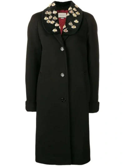 Gucci Bee Embroidered Wool Overcoat In Black