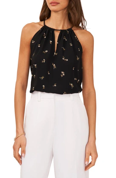 Halogen Floral Keyhole Sleeveless Blouse In Rich Black
