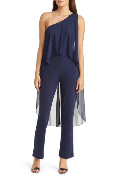 Marina One-shoulder Chiffon Capelet Jumpsuit In Navy