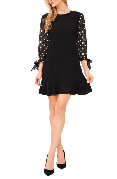 Cece Embroidered Mixed Media Shift Dress In Rich Black