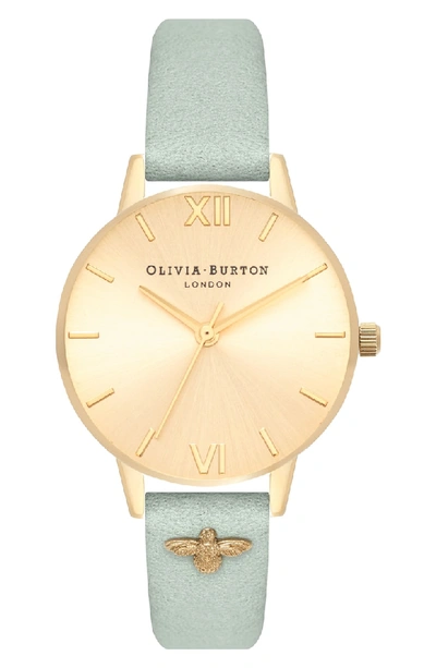 Olivia Burton Bee Leather Strap Watch, 30mm In Sage/ Gold