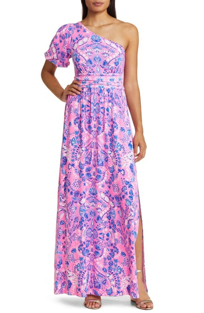 Lilly Pulitzer Solana One-shoulder Maxi Dress In Havana Pink Turtle Tidepool Engineered Knit Dress