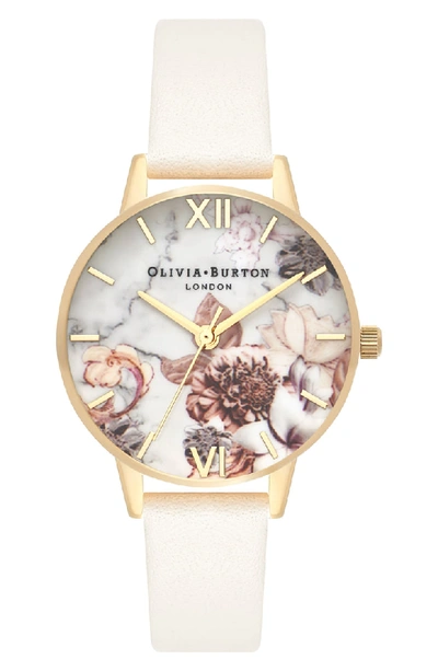 Olivia Burton Marble Floral Leather Strap Watch, 30mm In Nude/ White Floral/ Gold
