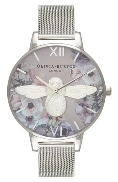 Olivia Burton Watercolor Floral Mesh Strap Watch, 38mm In Silver/ Bee/ Silver