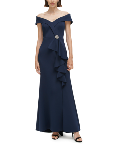 Jessica Howard Women's Cascading-ruffle Off-the-shoulder Gown In Navy