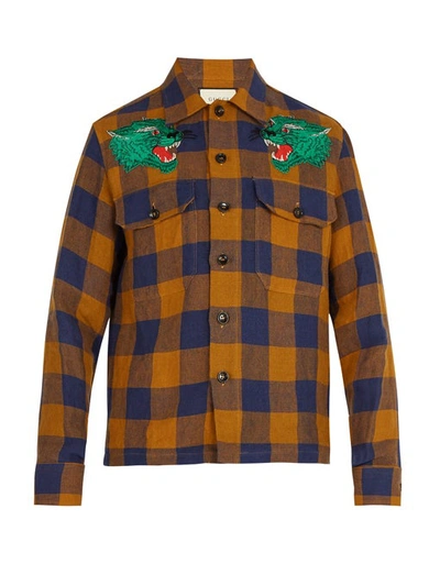 Gucci Macro Gingham Panther Applique Linen Shirt Jacket In Orange