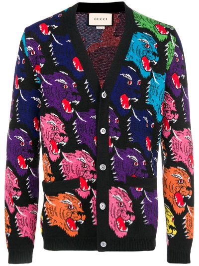 Gucci Angry Tiger Wool Jacquard Cardigan In Black Multi
