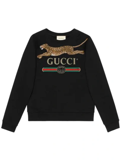 Gucci Cheetah Applique Logo Sweatshirt In Black