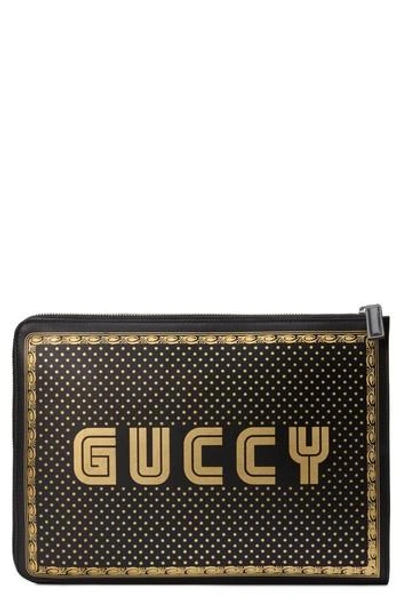 Gucci Guccy Logo Moon & Stars Leather Clutch In Nero Oro/ Nero