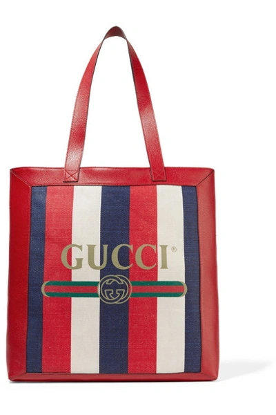 Gucci Leather-trimmed Striped Canvas Tote In Hibiscus Red/ White/ Blue