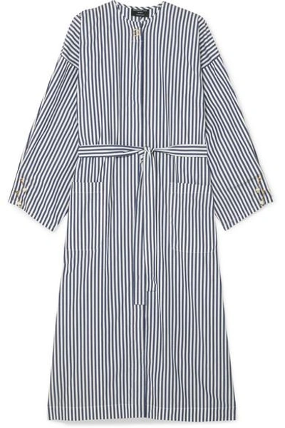 Mother Of Pearl Faux Pearl-embellished Striped Organic Cotton-poplin Dress In Navy