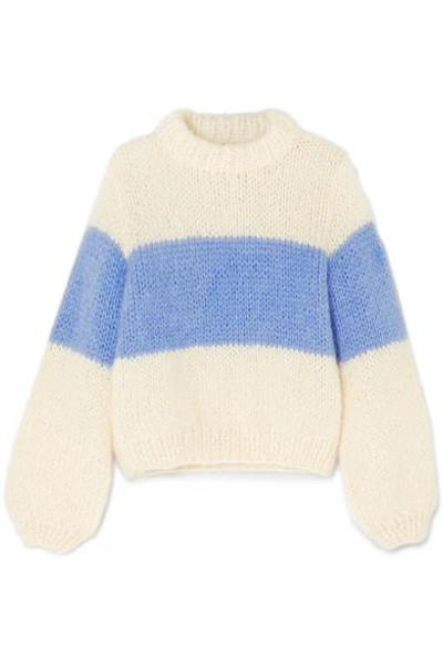 Ganni Striped Mohair And Wool-blend Sweater In Sky Blue