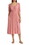 Caslon Puff Sleeve Shirred Waist Dress In Rust Spice- Pink Bri Floral