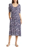 Caslon Puff Sleeve Shirred Waist Dress In Navy Peacoat Leandra Floral
