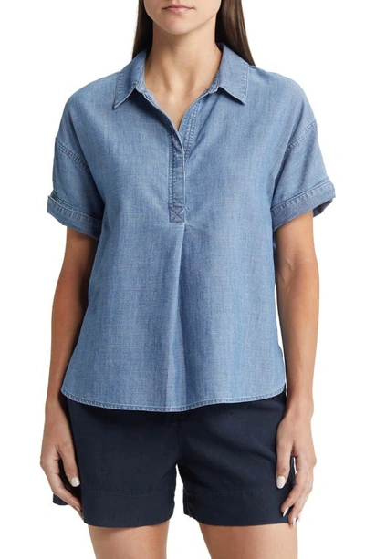Caslon Pleat Front Chambray Popover Blouse In Medium Wash