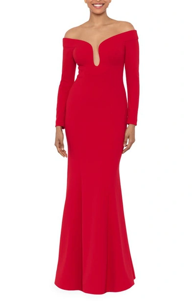 Xscape Illusion Long Sleeve Scuba Crepe Gown In Red